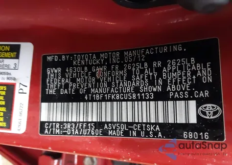 2012 Toyota Camry Se from USA, damaged, VIN 4T1BF1FK8CU581133